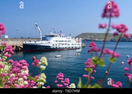 Francia, Finisterre, Ouessant la porta con la nave Fromveur II della compagnia di navigazione Penn ar Bed Foto Stock