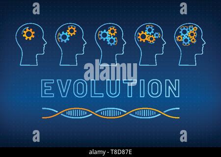 Silhouette di testa con ingranaggio brain evolution concetto illustrazione vettoriale. Profilo di fronte all'evolversi di meccanismo di ingranaggio del cervello, blu, arancione molecola di DNA Helix e segno di grande evoluzione sul background tecnico Illustrazione Vettoriale