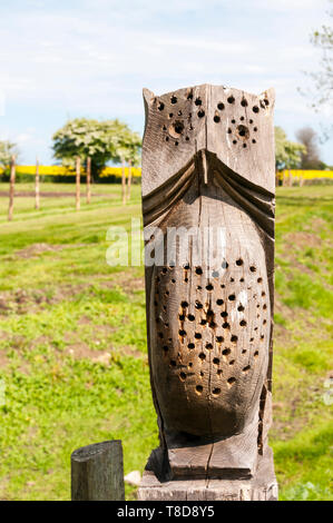 Bug hotel per le api solitarie scolpito nella forma di un gufo in Ivychurch sagrato, Romney Marsh. Foto Stock