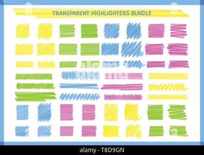 Trasparente evidenziare segni di penna impostato illustrazione vettoriale. Disegnata a mano quadrato e rettangolo pen gli scarabocchi in giallo e blu, rosa e verde trasparente colori al neon per i social media evidenziare design Illustrazione Vettoriale