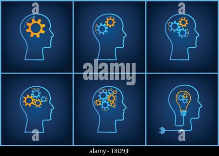 Testa lampadina silhouette ispirazione concetto imposta illustrazione vettoriale. Creative collezione grafica con profilo di testa, ingranaggio della macchina e lampadina. Blu silhouette umana tecnologia concetto di sfondo. Illustrazione Vettoriale