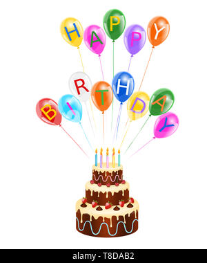 Torta di compleanno e palloncini colorati decorazione Foto Stock