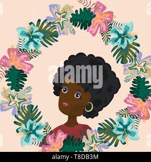 Bella African American Girl con ghirlanda di fiori Illustrazione Vettoriale