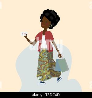 Bella di carnagione scura ragazza con i pacchetti dal negozio e una carta sconti nelle sue mani Illustrazione Vettoriale
