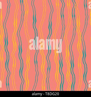 Funky disegnati a mano di colore blu e giallo verticale doodle linee con effetto pittorica. Vettore di Seamless pattern su sfondo di corallo. Ottimo per il benessere, party Illustrazione Vettoriale