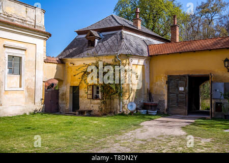 Vecchia fattoria e casa di abitazione, rose rampicanti e fiori, pittoresche finestre e porte è un romantico angolo vicino castello Milotice, Sud Mo Foto Stock