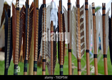 Piume freccia sul display a Milton Keynes Storia del museo Festival 2019. Wolverton, Buckinghamshire, Inghilterra, Regno Unito Foto Stock