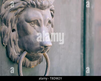 Tradizionale vecchio leone di bronzo testa respingente Closeup Foto Stock