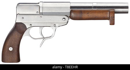 Un segnale flare pistola Walther mod. SL, codice 'ac 43', U-Bootswaffe Cal. 4 (26.6 mm), n. 2982. I numeri corrispondenti. Simili a specchio alesaggio. Lunghezza totale 340 mm. Prova contrassegnato Zella-Mehlis. Fabbricato in 1943. Il pin del segnale. Sul lato sinistro del telaio numero di serie, codice e la marina accettazione mark eagle/swastika/M/III/3. Fabbricazione di tutte le parti da matt lucidati Nirosta acciaio di qualità superiore. Noce avambraccio e pannelli di presa. Un raro oggetto da collezione con lievi segni di storage in quasi perfette condizioni. Del modello SL (= Segnale- und Leuchtpistole), massimamente 3500 armi erano , Additional-Rights-Clearance-Info-Not-Available Foto Stock