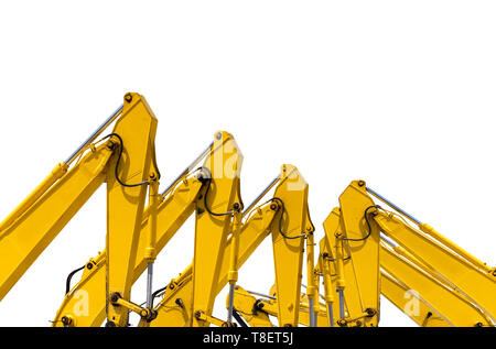 Giallo retroescavatore con pistone idraulico braccio isolato su bianco. Macchina pesante per lo scavo nel sito in costruzione. Macchine idrauliche. Enorme bulldozer. Foto Stock