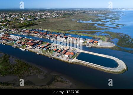 Francia, Gironde, Bassin d'Arcachon, Gujan-Mestras, ostricoltura, Gujan oyster porta (vista aerea) Foto Stock