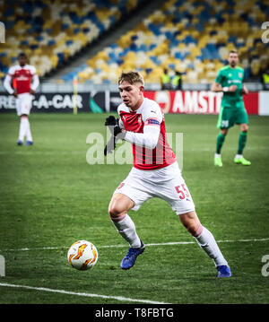 Kiev, Ucraina - 29 novembre 2018: Emile Smith Rowe dell'Arsenal in azione durante la UEFA Europa League contro Vorskla Poltava a NSC Olimpiyskyi Foto Stock