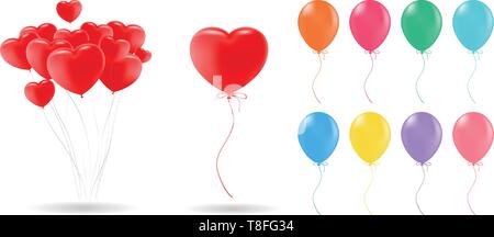 Raccolta di 3d vettore realistico palloni di elio rosso, oro, giallo, viola, blu, verde... Per compleanni, feste, celebrazioni battenti mongolfiere design Illustrazione Vettoriale