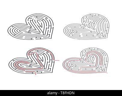 Due complessi labirinti in forma di cuore, labirinti con percorso rosso soluzioni in vista isometrica isolato su bianco Illustrazione Vettoriale