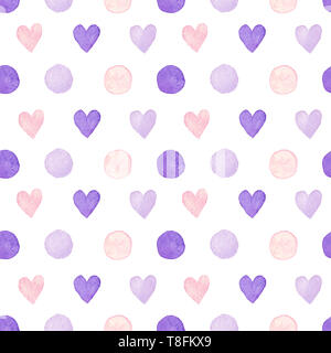 Acquerello semplice sfondo senza soluzione di continuità con la polka dots e cuori in colori viola Foto Stock