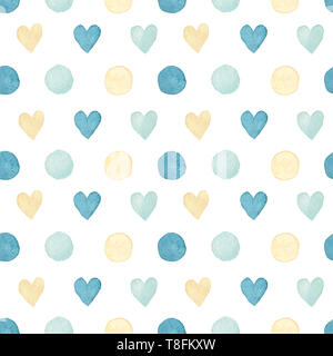 Acquerello semplice sfondo senza soluzione di continuità con la polka dots e cuori in colori tenui Foto Stock