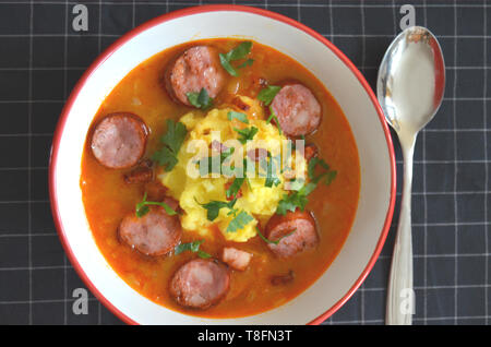 Ceca tradizionale cavolo o zuppa di crauti - zelnacka con salsiccia piccante, paprica, purè di patate, pancetta affumicata e persil tritato Foto Stock