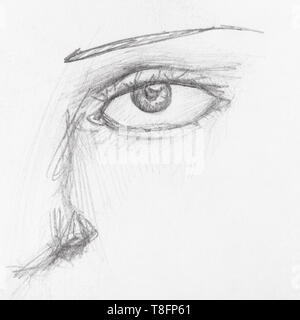 Dettaglio del viso con occhio disegnati a mano dalla matita nera su carta bianca Foto Stock