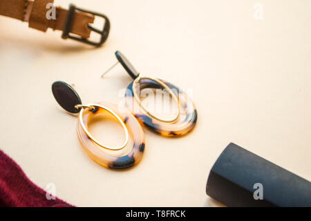 Orecchini con leopard stampa su beige e marrone colore sfondo con copyspace. Gioielli alla moda. Foto Stock