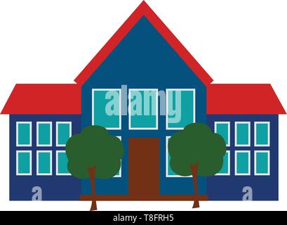 Una scuola con l'edificio come quello di una grande casa ha una porta marrone per la sua parte anteriore e due alti alberi verde presso la sede impostare isolato sul retro bianco Illustrazione Vettoriale
