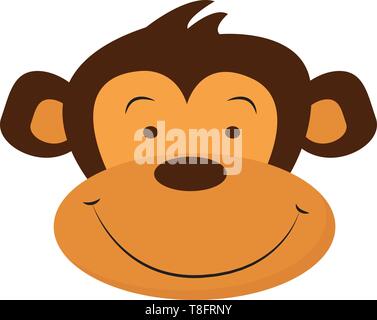 Una faccia di una scimmia marrone con due piccole orecchie rotonde, sporgente bocca ovale, appare estremamente felice e carino, mentre sorridente, su sfondo bianco, vecto Illustrazione Vettoriale
