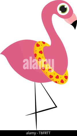 Un estate flamingo uccello in un giallo salvagente progettato con cuori rossi sembra così carino mentre in piedi con un suo set di piedi isolato su sfondo bianco, Illustrazione Vettoriale