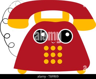 Vecchi giorni telefono in rosso e giallo una completa rete fissa per comunicare con le persone care è un grazioso piccolo viso sorridente, il vettore, il colore di disegno Illustrazione Vettoriale