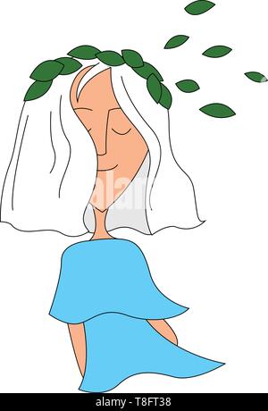 Un simpatico bambina in una parte superiore blu con pochi di forma ovale foglie verdi deriva dalla struttura ad albero e cadere sul suo bianco capelli durante la seduta e godendo il Illustrazione Vettoriale