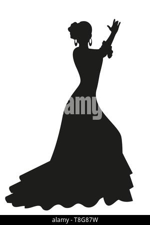 Silhouette di ballerino spagnolo di flamenco woman dancing isolati su sfondo bianco Illustrazione Vettoriale