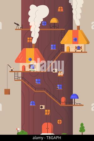 Big Tree hotel con piccole case e vari attributi della vita Illustrazione Vettoriale