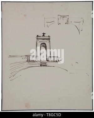 Adolf Hitler - un bozzetto per il Monumento della Liberazione in Linz matita su carta, unsigned, numerate da Speer '29'. Vista frontale del Monumento della Liberazione combinato con lo stadio, a destra sopra il piano di massa. Dimensioni 24 x 20 cm. Con Albert Speer la dichiarazione del 3 gennaio 1979 (scritto in inglese) confermando che il disegno a mano è stato Hitler del concetto per il Monumento della Liberazione di Linz. Il disegno è elencato sotto il n. 29 in Speer il catalogo dei bozzetti di Hitler e che è stata realizzata in Speer della presenza sul Obersalzberg il 21 novembre 1941. Ben eseguito disegno architettonico, un gen, Editorial-Use-solo Foto Stock