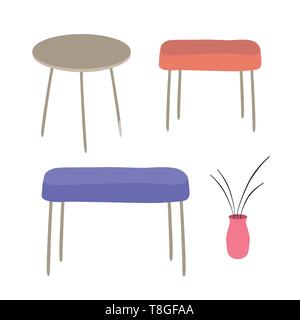 Set di elementi di arredo del tavolo, panca, sedia, vaso. Design piatto banner elementi di icone Illustrazione Vettoriale