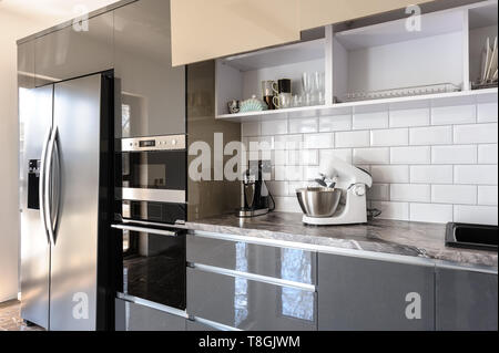 Spaziosa e lussuosa ben progettato e moderno di colore grigio, beige e bianco cucina, porta del forno elettrico sono aperti Foto Stock