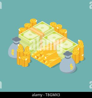 Gruppo di denaro stack, lingotti d'oro, monete e moneybag in vista isometrica Illustrazione Vettoriale