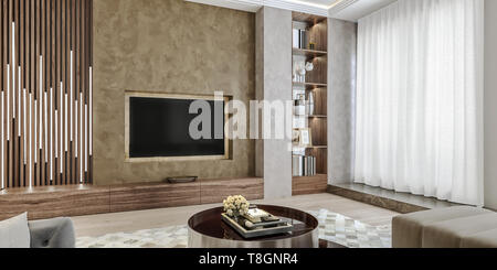 Interni dal design moderno di soggiorno ad angolo vista ravvicinata della parete tv con libro scaffali, stucco di gesso e di pavimenti in legno, rendering 3D Foto Stock