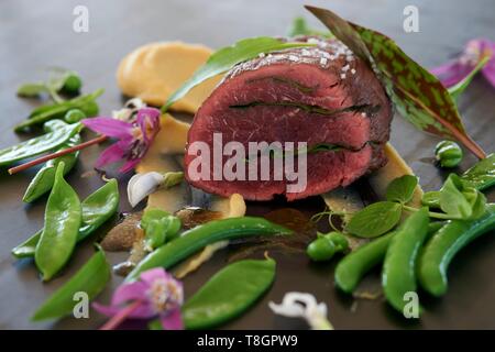 Francia, Aveyron, Laguiole, hotel, ristorante, reggiseni, Sebastien Bras, chef stella Michelin, 3 stelle Michelin, piatto, vitello da Aubrac Foto Stock