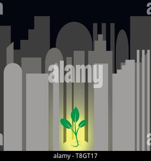 Microgreens urbano. Concetto di urban microgreen fattorie. Impianto su uno sfondo di colore grigio edifici della città Illustrazione Vettoriale