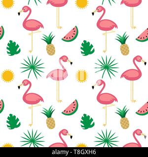 Vettore di piatto modello senza soluzione di continuità con il cartoon flamingo, frutti tropicali e foglie di palmo Illustrazione Vettoriale