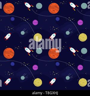 Piatto senza cuciture spazio vettoriale pattern con i pianeti e astronavi in viaggio nel cosmo Illustrazione Vettoriale