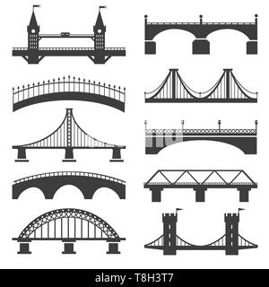 Icone di ponte. I ponti di sagome vettoriali con pilastri e torri di bridging, calcestruzzo promenade e autostrada strutture architettoniche illustrazione Illustrazione Vettoriale