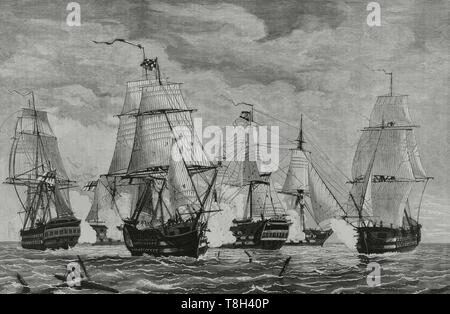 España. Aniversario LXXVI del combate de Trafalgar. El navio 'Príncipe de Asturias", arbolando la insignia de Gravina, se bate contra cinco navíos ingleses (21 de octubre de 1805). Composición dibujo y de A. Cortellini. Grabado por Capuz. La Ilustración Española y Americana, 22 de octubre de 1881. Foto Stock