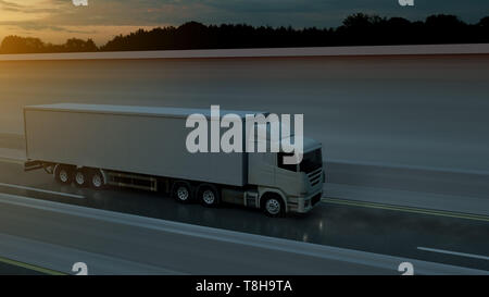 Grande carrello merci a guidare su una autostrada al tramonto retroilluminati da una luce arancione brillante sunburst sotto un minaccioso cielo nuvoloso. Il Rendering 3d. Foto Stock
