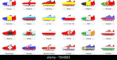 Gli scarpini da calcio in Europa bandiere di paesi isolati di design in vettore Illustrazione Vettoriale