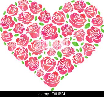 Red Rose acquerello cuore con foglie di colore verde Illustrazione Vettoriale