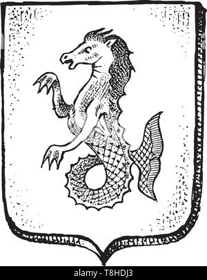 Per animale araldico in stile vintage. Inciso lo stemma con pesce cavallo, mitica creatura. Emblemi medievale e il logo del regno fantasy. Illustrazione Vettoriale