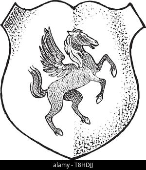 Per animale araldico in stile vintage. Inciso lo stemma con Pegasus e mitica creatura. Emblemi medievale e il logo del regno fantasy. Illustrazione Vettoriale