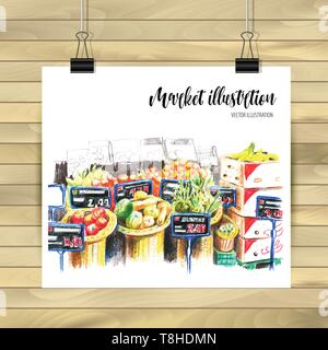 Supermercato interno in mano stile disegnato. Negozio di alimentari, dipartimento di vegetali. Il vettore in bianco e nero illustrazione. Illustrazione Vettoriale