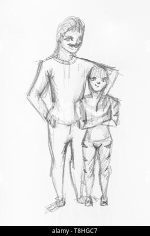 Schizzo della ragazza e uomo mustached disegnati a mano dalla matita nera su carta bianca Foto Stock