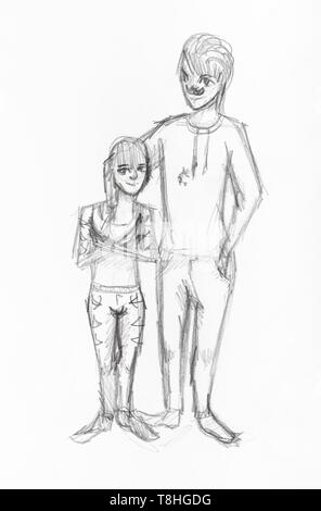 Schizzo della ragazza di breve e di alti mustached guy disegnati a mano dalla matita nera su carta bianca Foto Stock