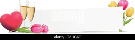 Nota carta con il cuore, fiori e champagne Illustrazione Vettoriale